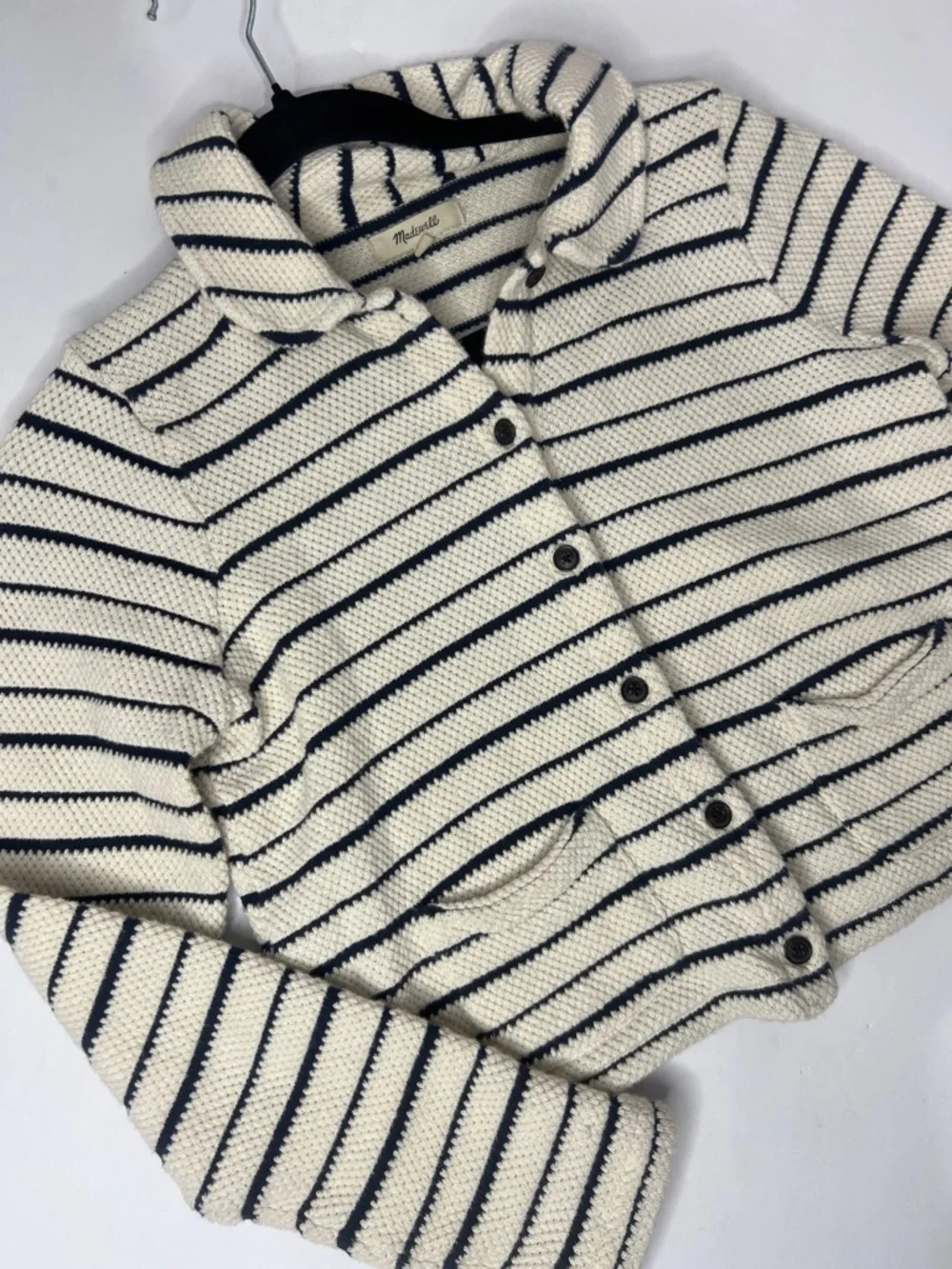 Women’s Madewell Cream and Navy Striped Shawl Collar Cardigan XS - Picture 3 of 8